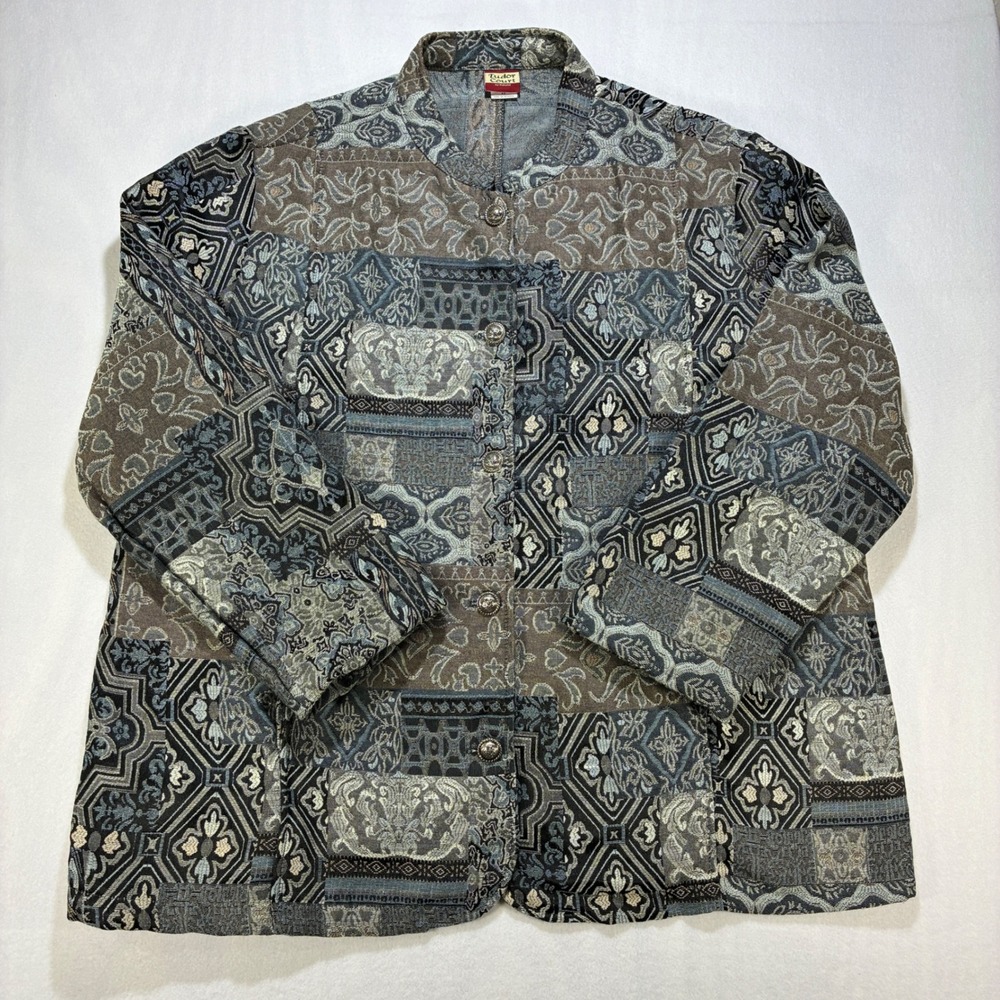 Vintage Women Jacket Tapestry Patchwork XX Blue Brown Damask Button Front Boho
